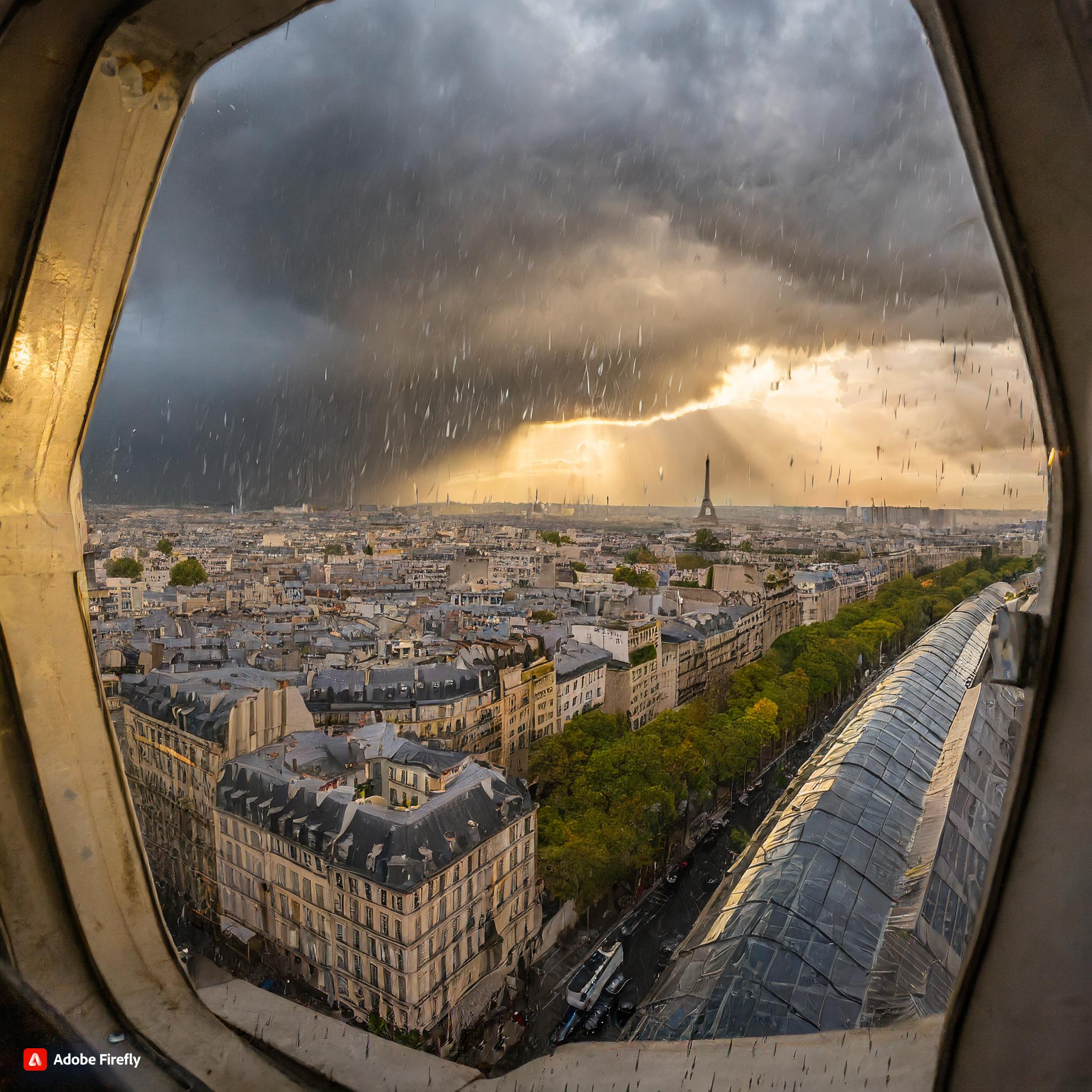 Firefly looking out over paris through a skylight, sun setting, eiffel tower, rain clouds coming in